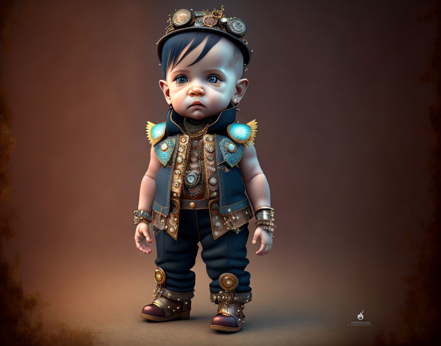 Stylized 3D illustration of a baby in steampunk attire