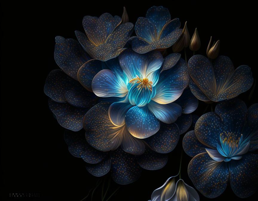 Luminescent blue flowers digital art on dark backdrop