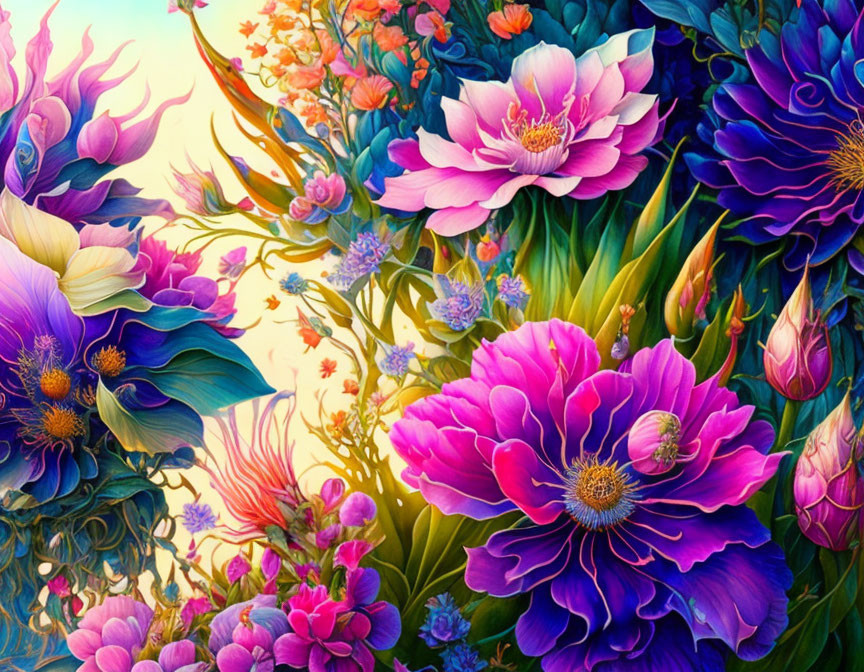 Colorful Stylized Flowers with Detailed Petals and Lush Foliage