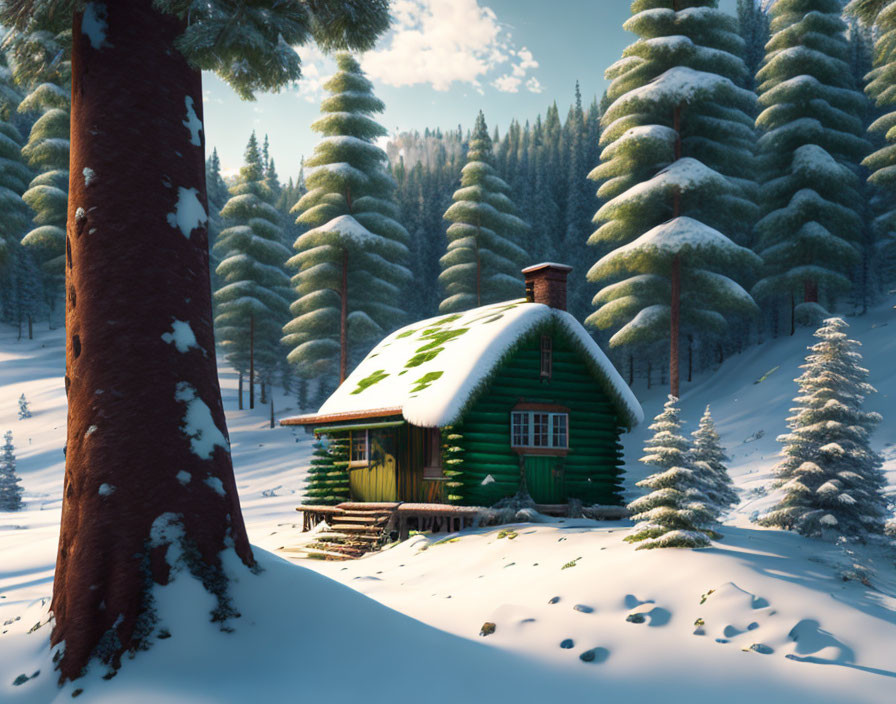 Snowy pine forest cabin in winter sunlight