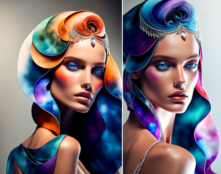 Colorful, Stylized Portrait of Woman with Elegant Headpieces