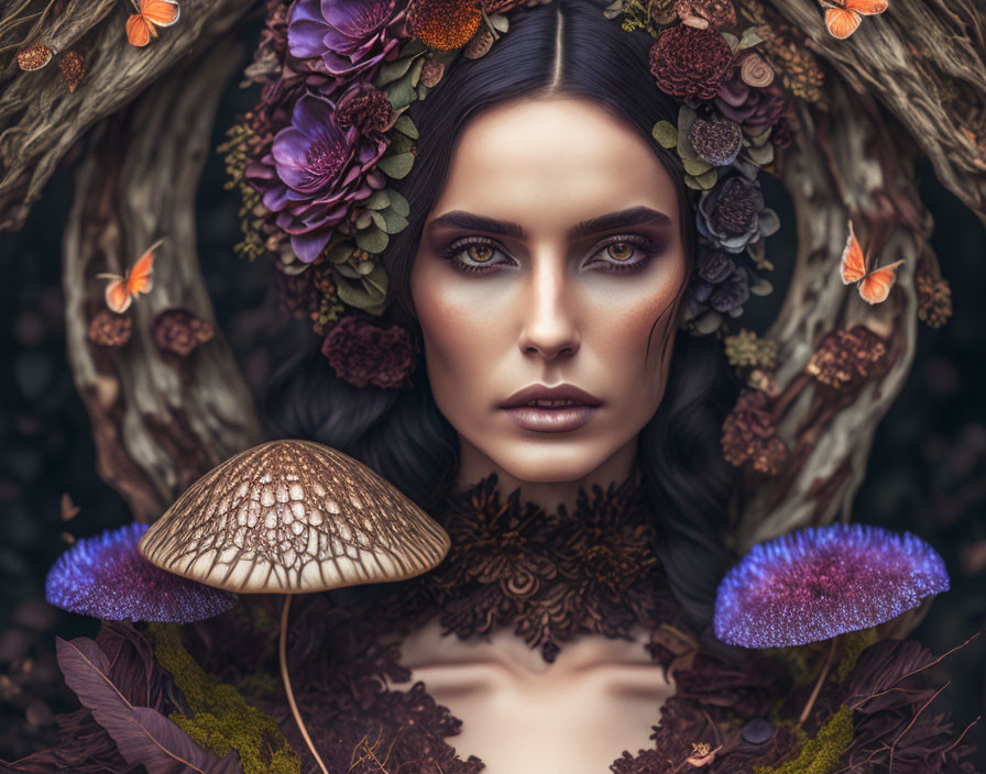 Dark-haired woman with striking makeup in fantastical woodland setting with vibrant mushrooms, flowers, and butterflies.