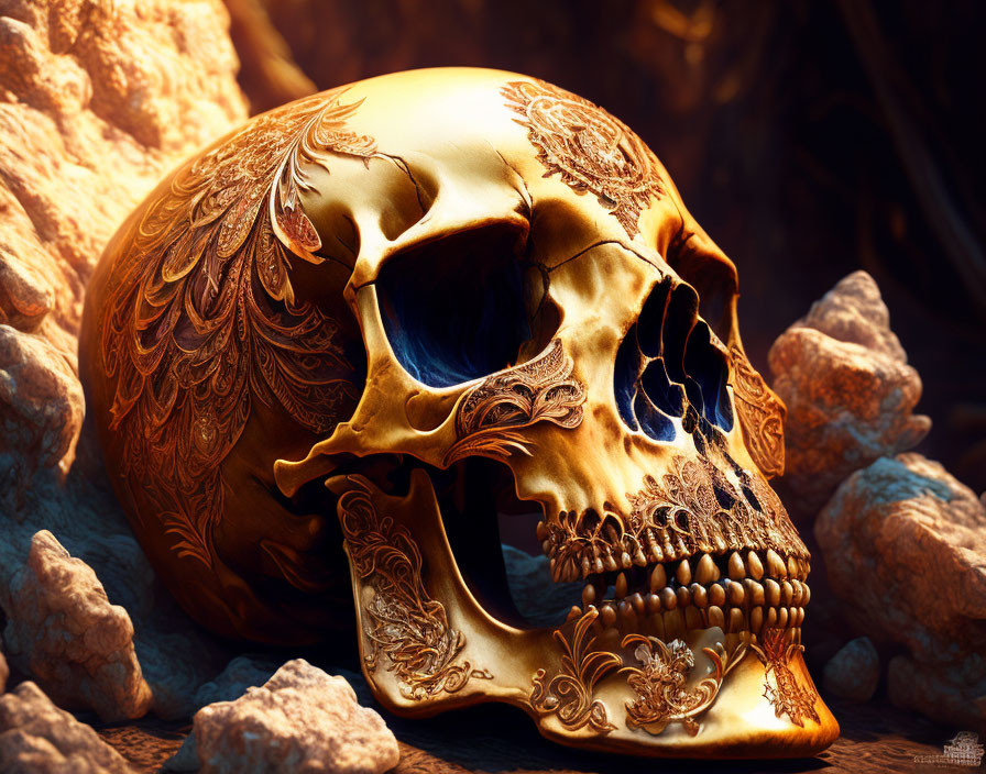 Detailed Golden Skull Among Rough Stones in Warm Lighting