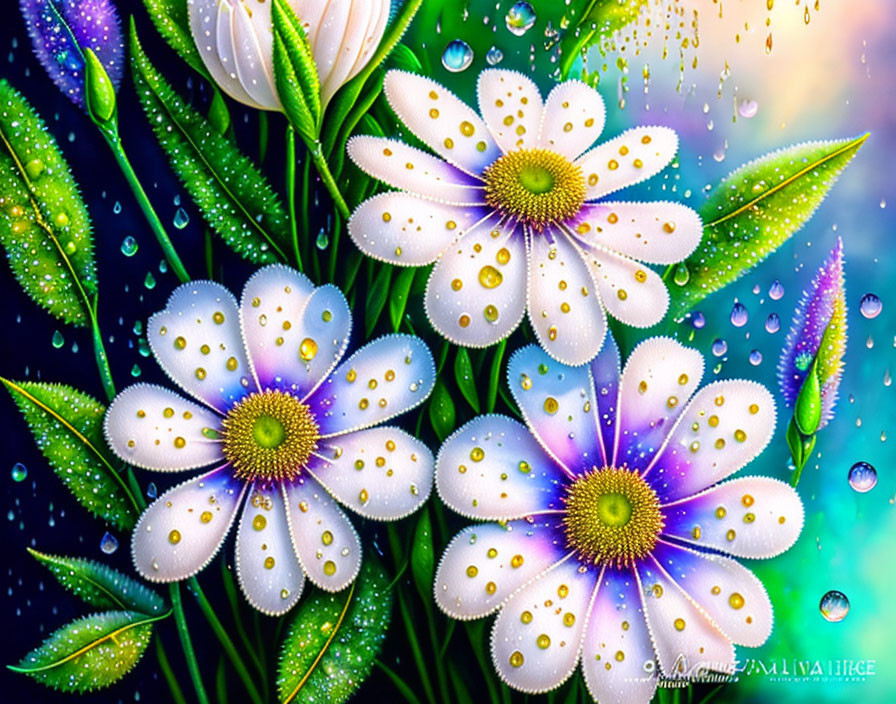 Colorful digital artwork: Dew-covered flowers on starry blue backdrop