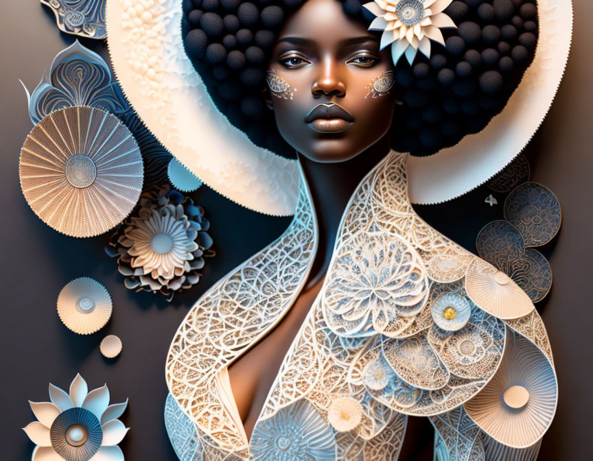 Dark-skinned woman with floral patterns and 3D paper flowers