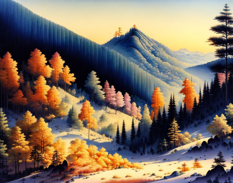 Vibrant autumn landscape with colorful trees on rolling hills