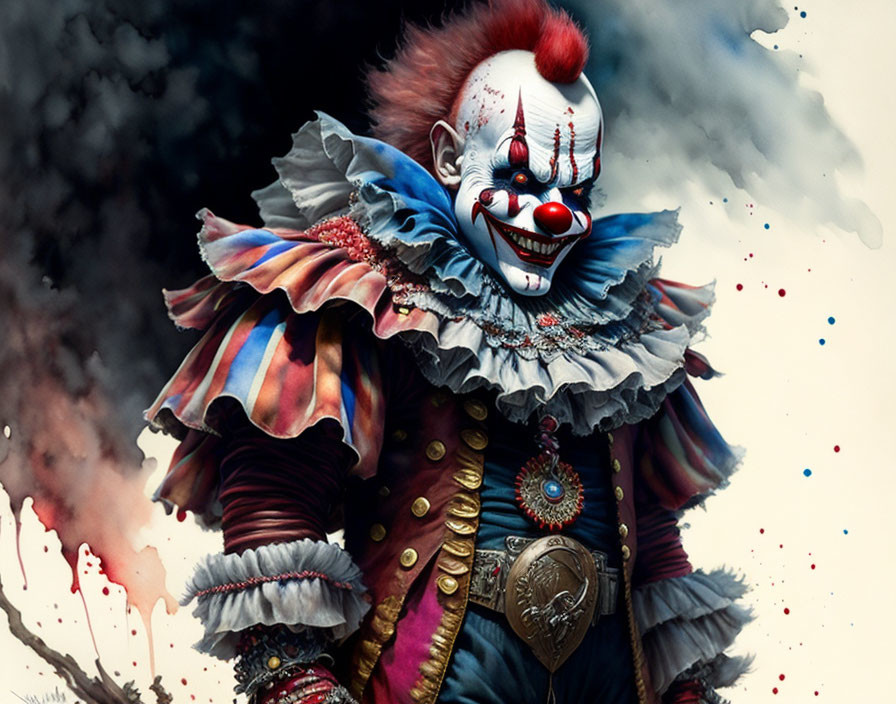 Sinister clown with sharp teeth, white face paint, and red highlights in colorful costume on dark background