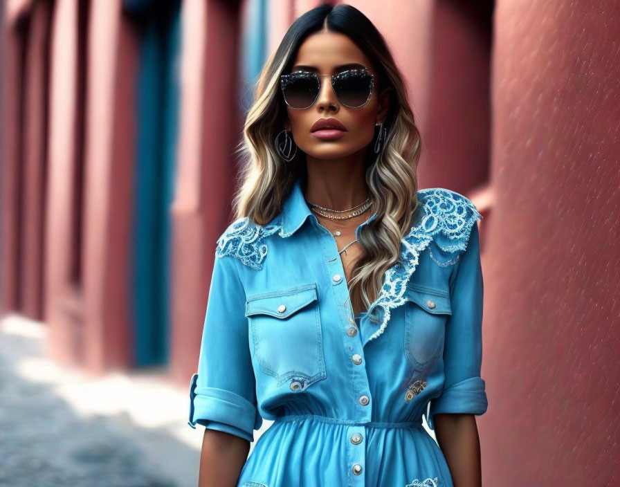 Fashionable Woman in Denim Dress with Lace Details and Sunglasses Against Red Wall