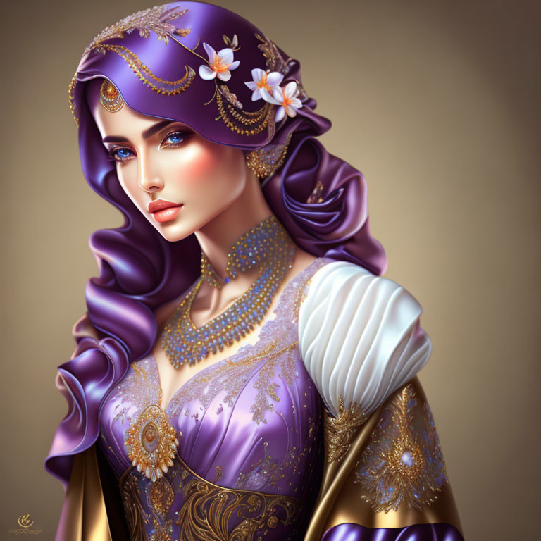 Detailed illustration of woman in purple and gold attire with striking blue eyes