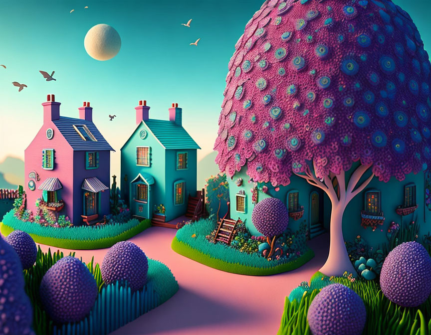 Colorful houses, purple tree, spherical flora, moon in pastel sky, flying birds