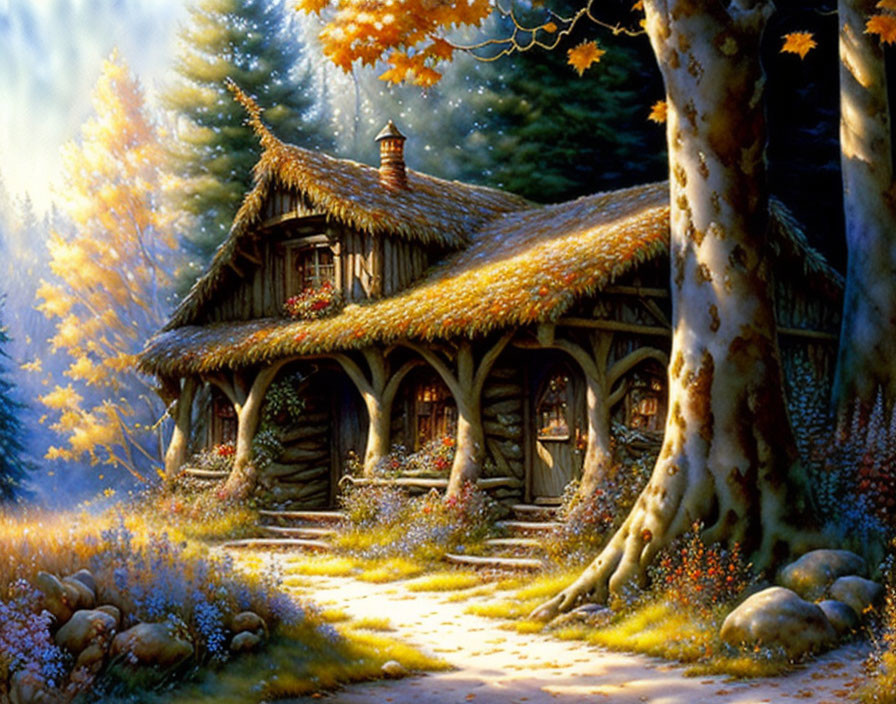 Thatched Roof Cottage in Autumnal Forest