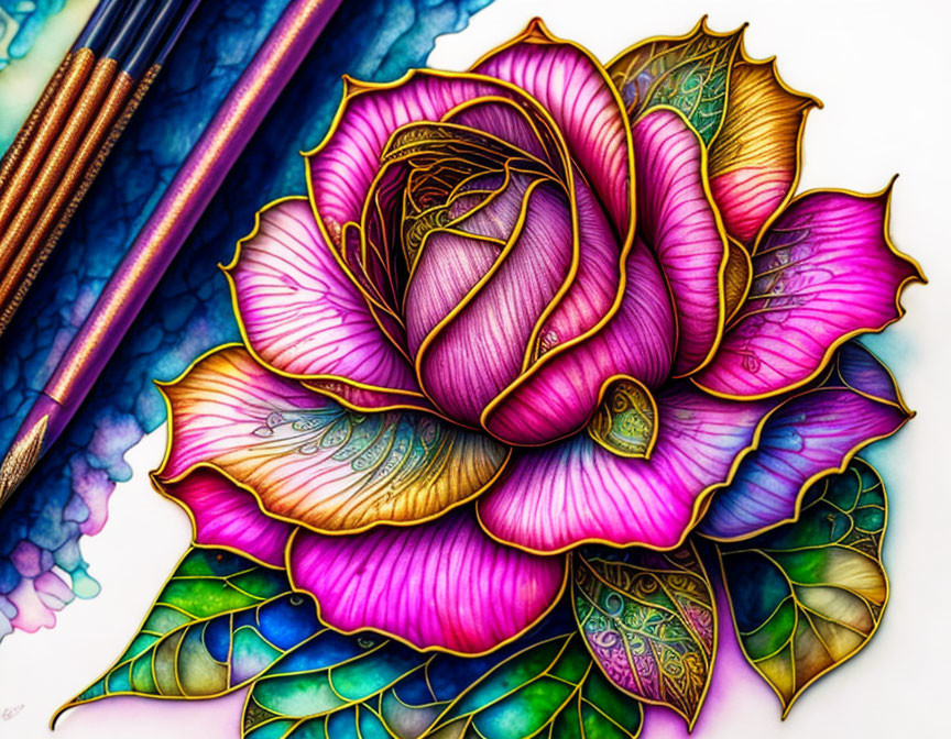 Detailed Stylized Pink and Purple Flower Illustration with Golden Outlines