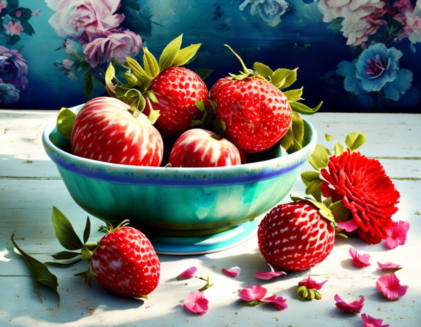 Colorful oversized strawberries in teal bowl with pink petals and red blossom on white wooden surface against floral backdrop