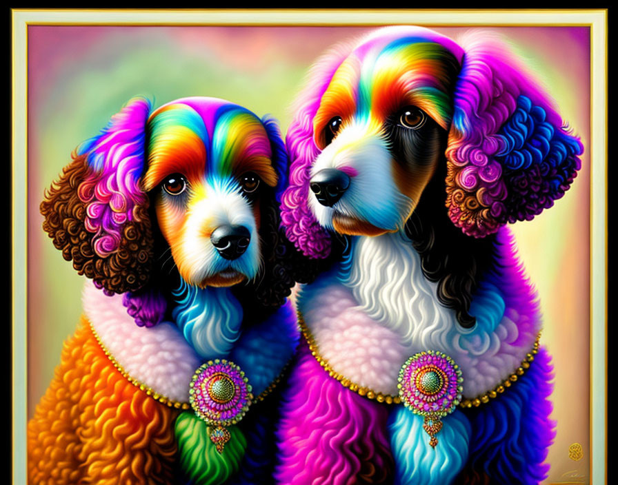 Vibrantly colored dogs with rainbow fur and beaded necklaces on multicolored background