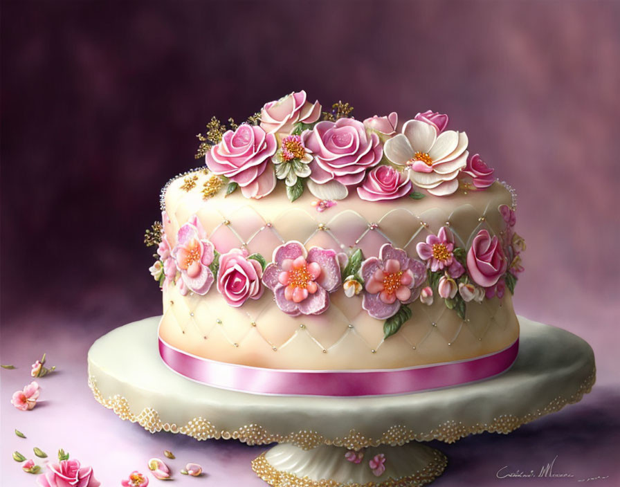 Elegant cake with pink and cream flowers, intricate icing, ribbon, on purple backdrop