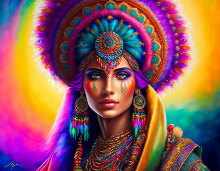 Colorful digital artwork of a woman in ornate attire and makeup