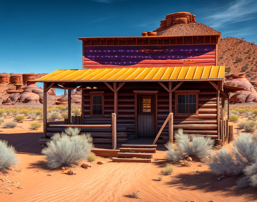 Surreal wooden saloon with cosmic sky in desert landscape