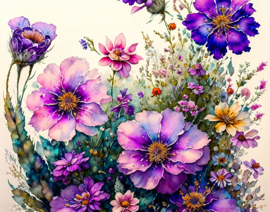 Colorful Watercolor Painting: Purple Flower Bouquet with Greenery