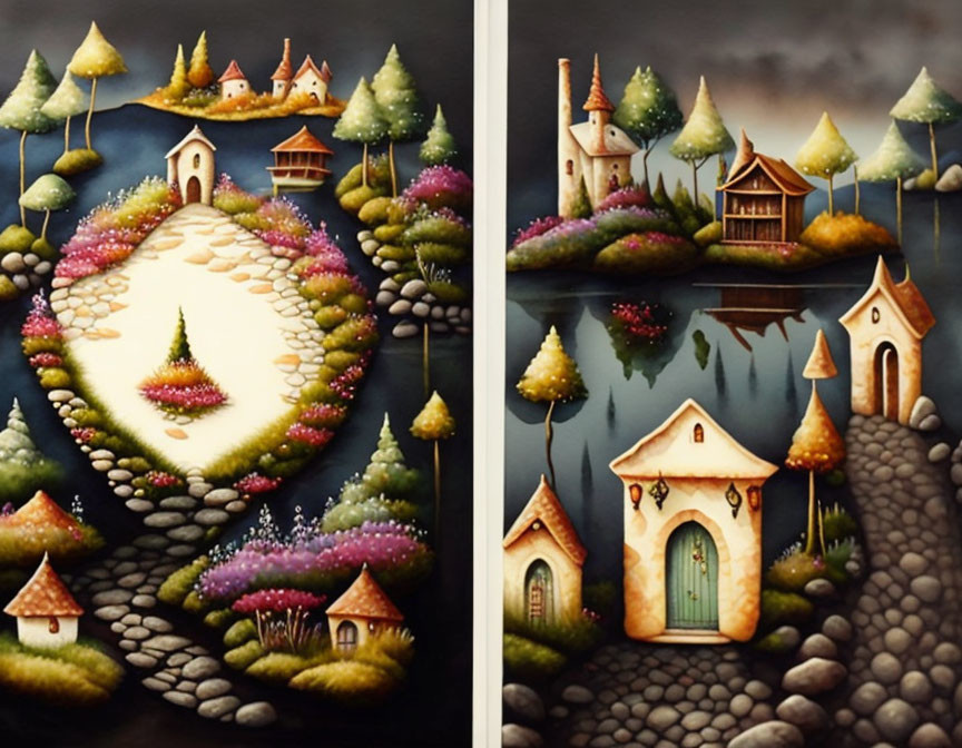 Whimsical painting featuring storybook houses, cobblestone paths, colorful trees, and water reflections