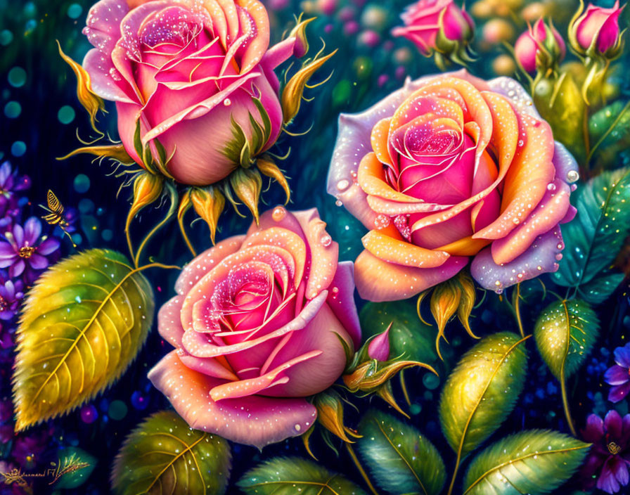 Colorful dew-kissed roses with pink to yellow gradients, greenery, insects on dark background