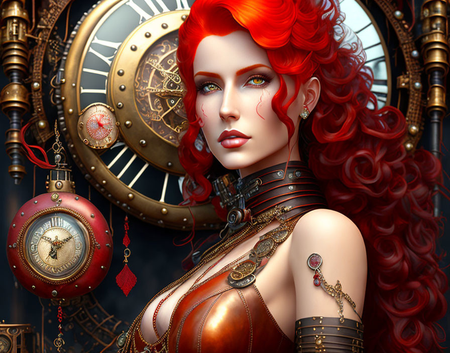 Vibrant red-haired woman in steampunk attire against gears and clocks