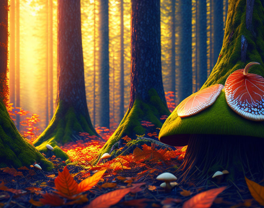 Forest floor with mushrooms and autumn leaves under sunlight