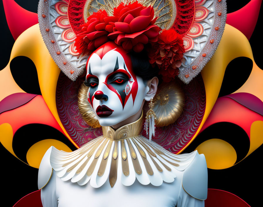 Colorful digital artwork of stylized woman with white and red makeup, floral headgear, and gold