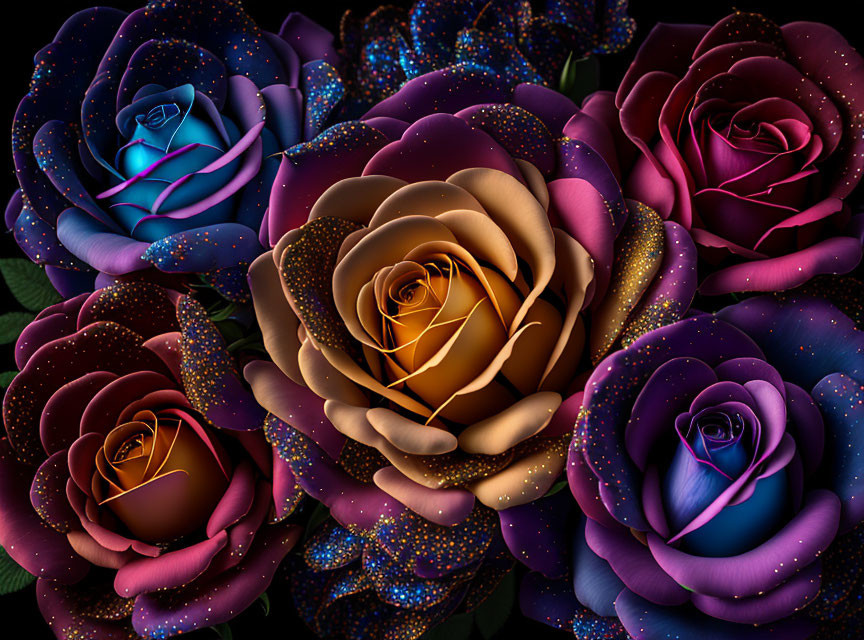 Colorful digital roses in blue, purple, and gold with starry pattern