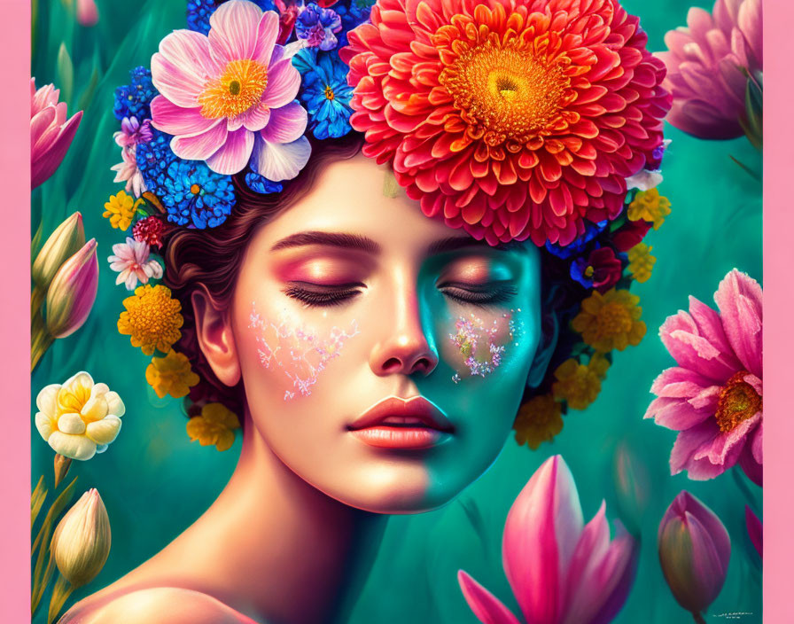 Digital Artwork: Woman with Floral Makeup and Flower Crown in Lush Flora Setting