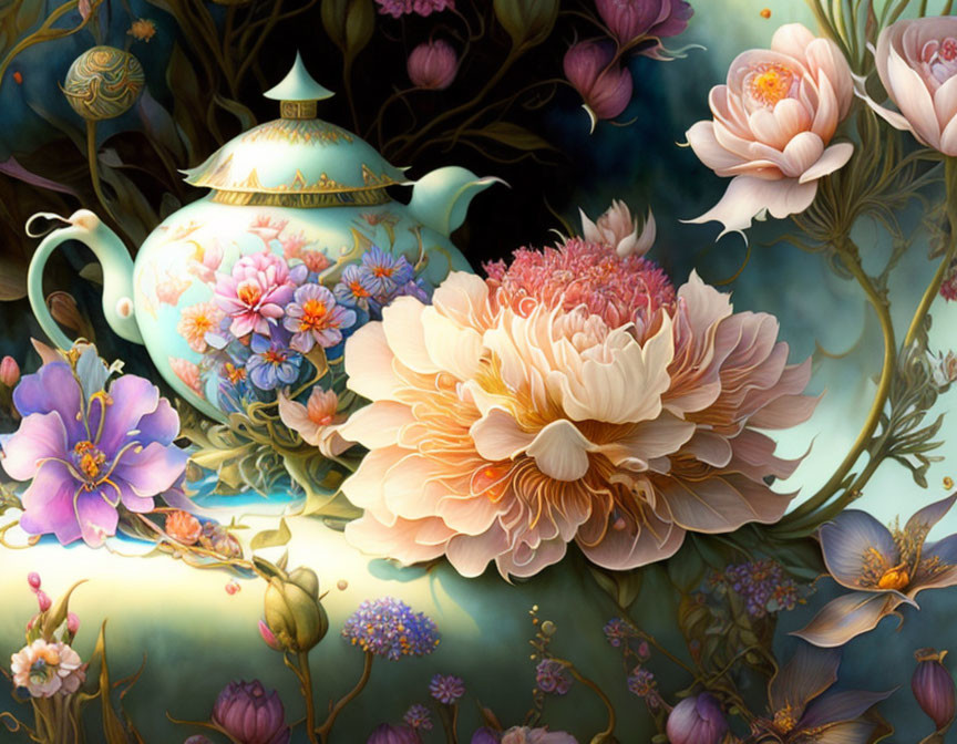 Ornate teapot with detailed flowers on dark dreamlike backdrop