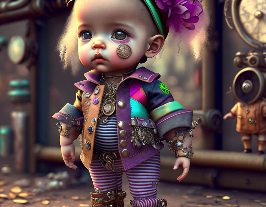 Stylized steampunk toddler with mechanical arm in colorful outfit surrounded by whimsical robots