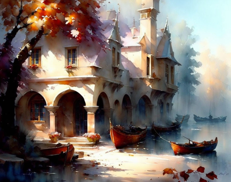 Tranquil lakeside castle in autumn foliage with moored boats.