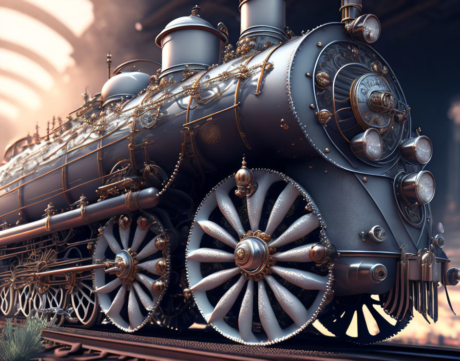 Vintage Steam Locomotive with Ornate Metallic Accents on Tracks