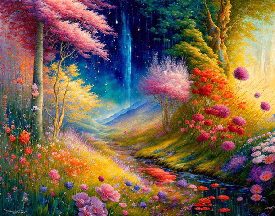 Vibrant colorful path with greenery, pink blossoms, and sparkling waterfall