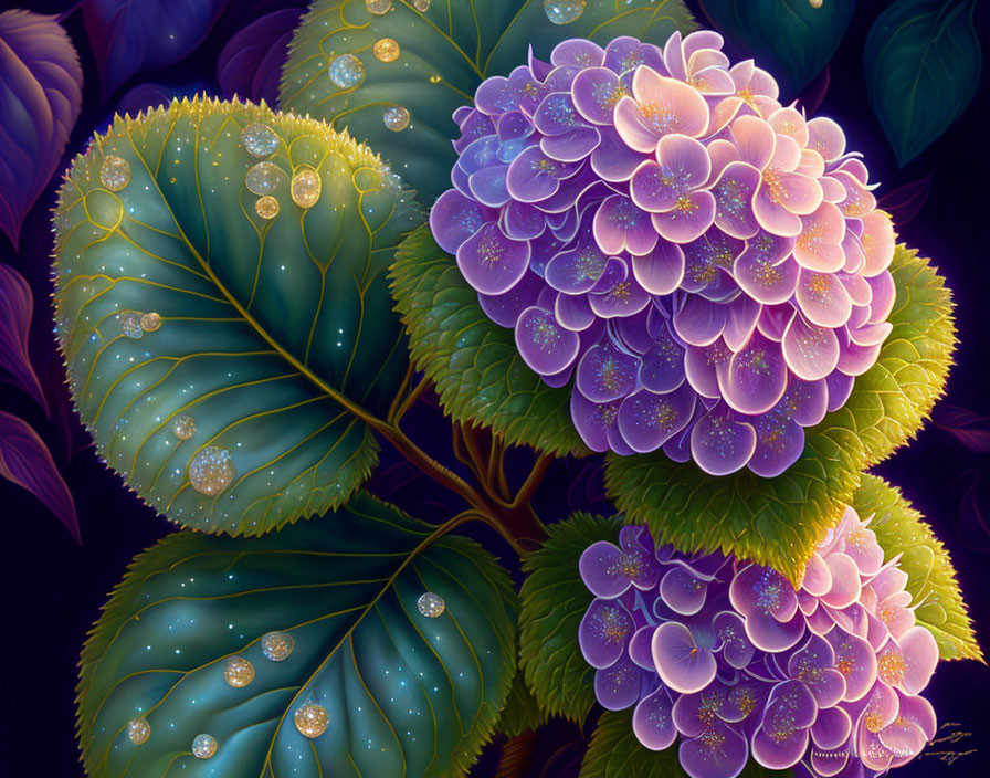 Purple hydrangea flowers painting with dew-kissed green leaves on dark backdrop