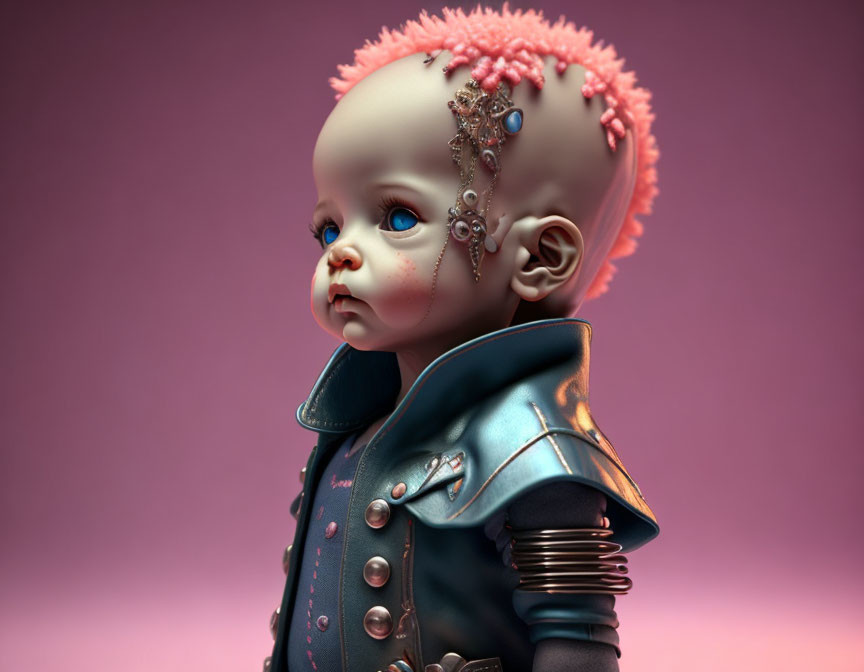 Stylized 3D-rendered punk baby doll with mechanical eye and futuristic attire