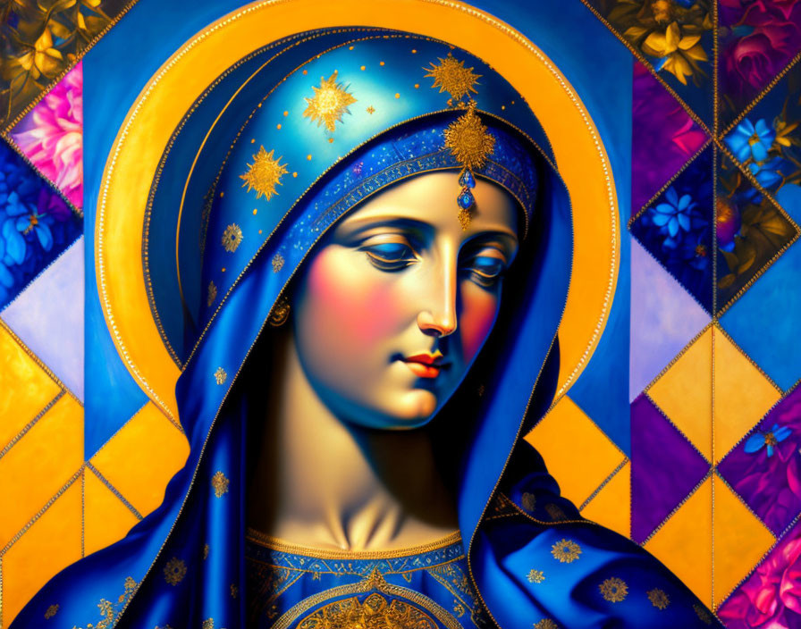 Colorful artwork of woman with blue star-studded veil and golden halo against stained glass background