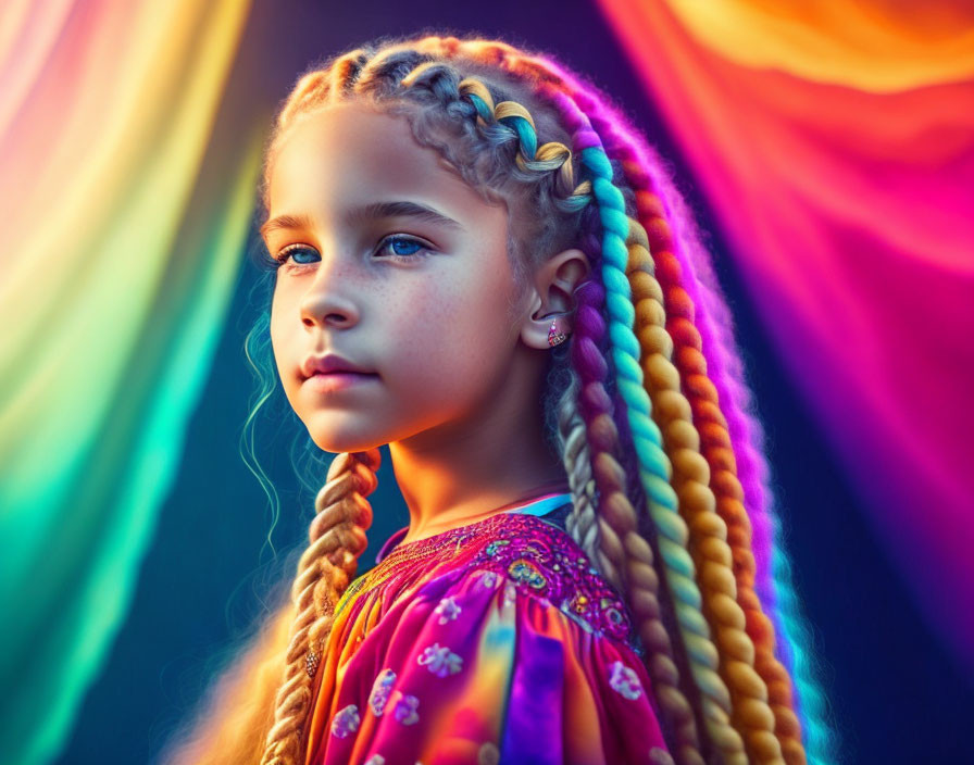 Young girl with braided hair in colorful setting, wearing patterned dress.