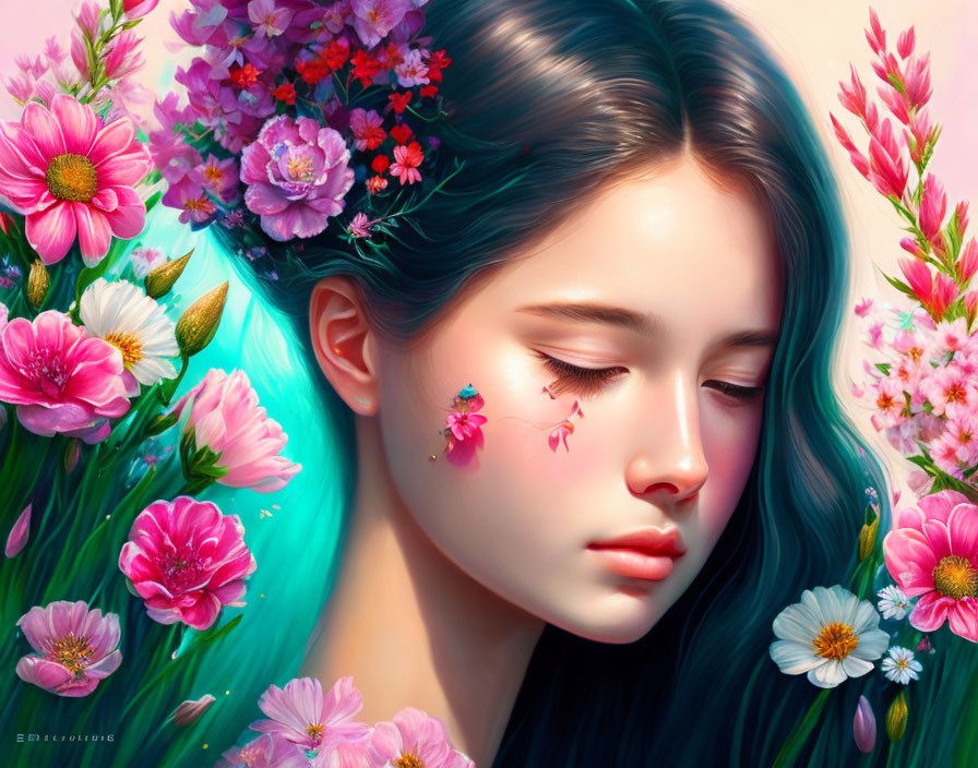 Digital artwork: Serene girl with turquoise hair, eyes closed, surrounded by vibrant flowers.