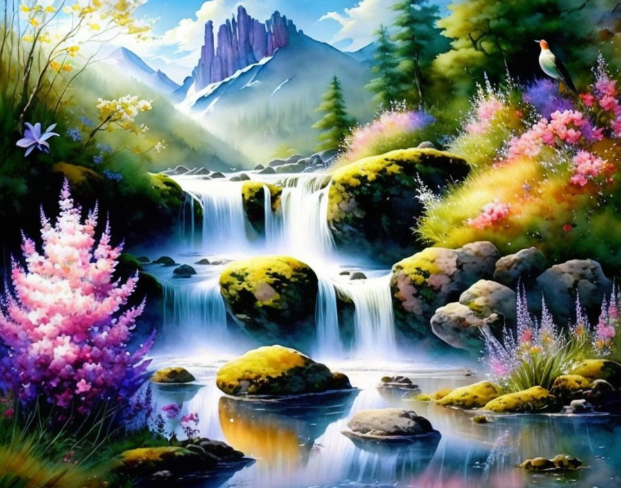 Colorful landscape painting with waterfalls, greenery, flowers, mountains, and a bird.