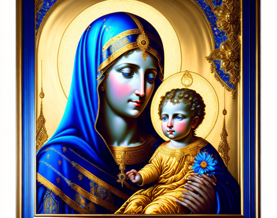 Religious artwork: Virgin Mary in blue veil holding Baby Jesus with halo, set against golden background