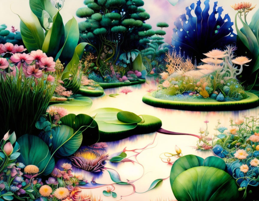 Fantastical garden illustration with lush flora and mystical tree-like structures