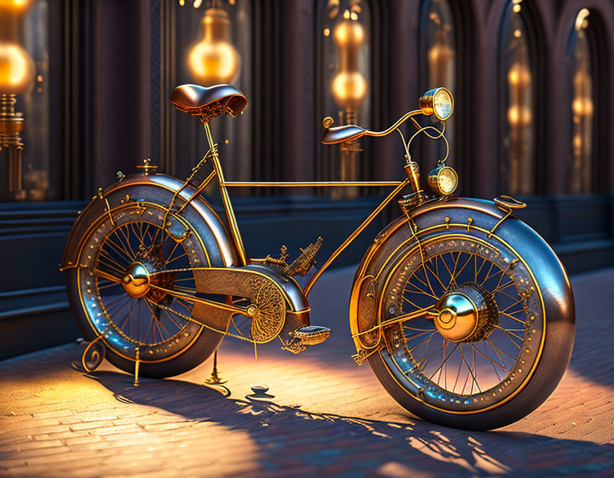 Vintage Ornate Bicycle on Cobblestone Path at Dusk