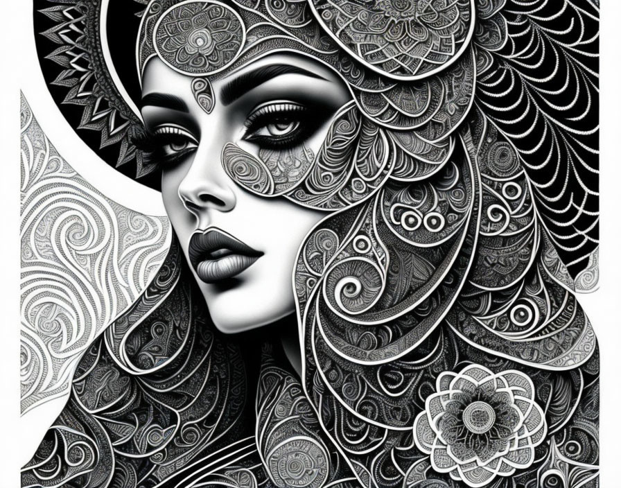 Detailed monochromatic woman illustration with intricate patterns and swirls