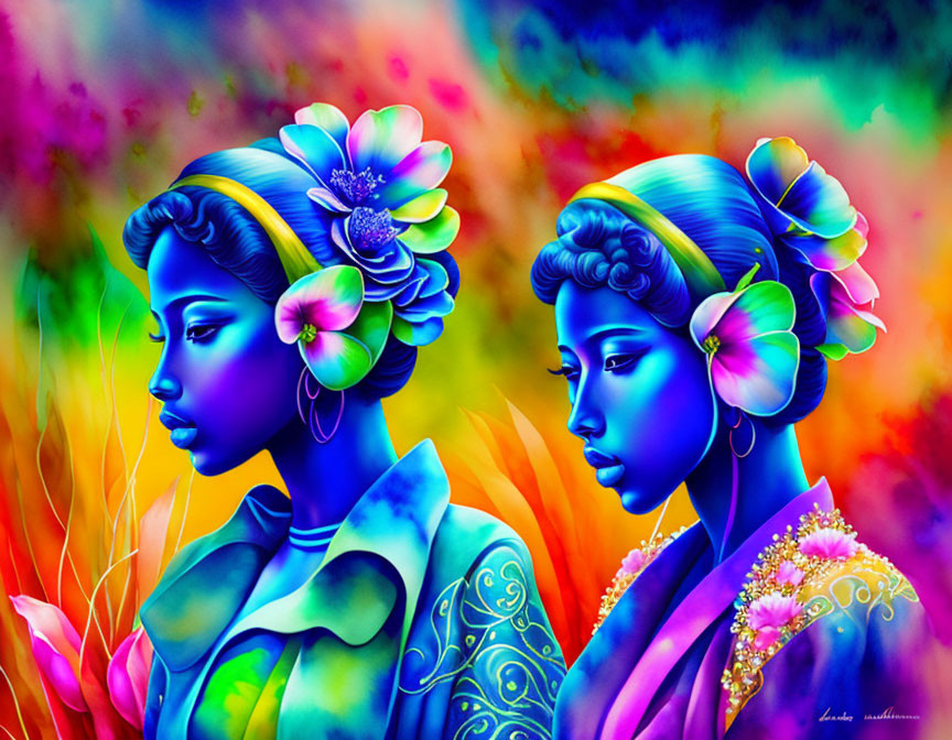 Vibrant women with colorful skin tones and flowers on psychedelic background