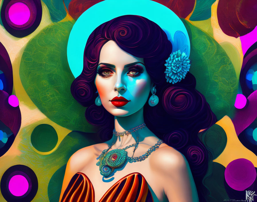 Colorful digital portrait of woman with curly hair and striking makeup