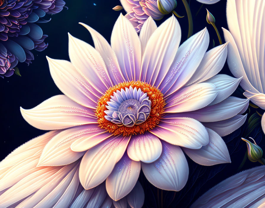 Detailed Purple and White Flower Digital Illustration on Dark Background