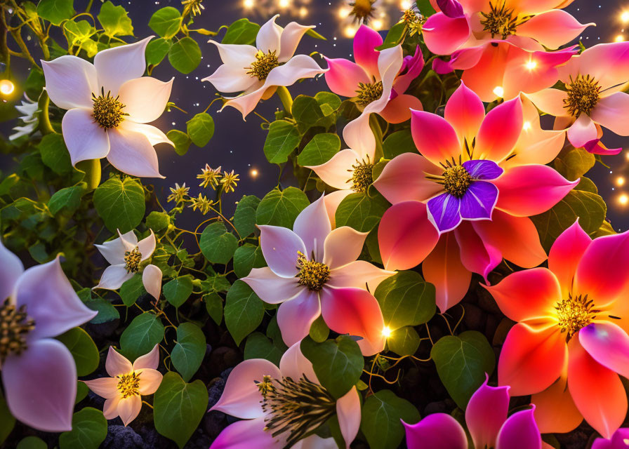 Pink and White Flowers on Dark Background with Fairy Lights and Green Foliage