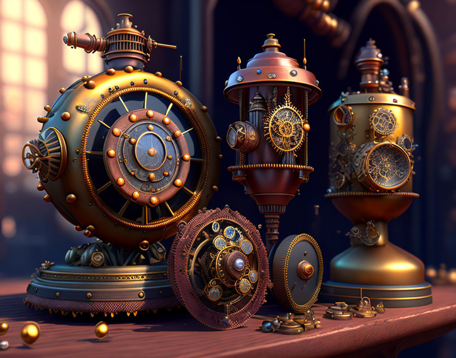 Intricate Steampunk Machines with Gears and Spheres