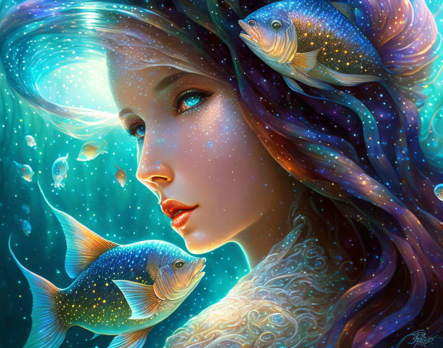 Colorful digital artwork: Woman with flowing hair in vibrant underwater scene